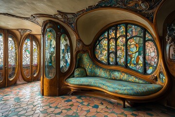 Art nouveau living room showcase barcelona interior design elegant ambiance wide angle organic flow and colorful glass