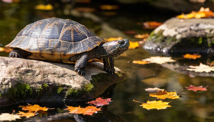 Create a layered image of a turtle sunbathing on a rock, surrounded by colorful autumn foliage.