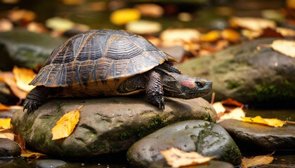 Fototapeta premium Create a layered image of a turtle sunbathing on a rock, surrounded by colorful autumn foliage.