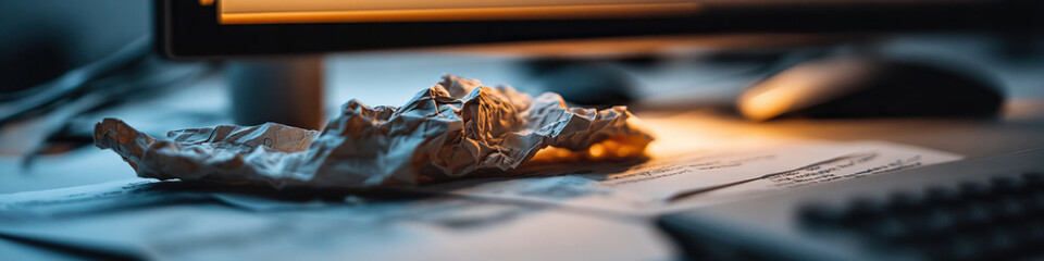 Crumpled Paper on Desk with Documents and Computer Monitor