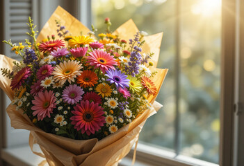 Colorful flower bouquet wrapped in kraft paper with sunlight background and space for text