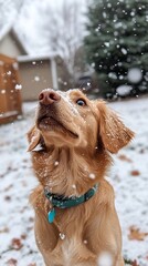 Golden Retriever in snowy backyard, enjoying snowfall