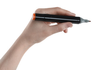 Naklejka premium Woman with double sided marker on white background, closeup