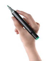 Woman with double sided marker on white background, closeup