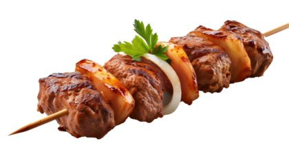 Grilled pork kebab with onions and potatoes on transparent background