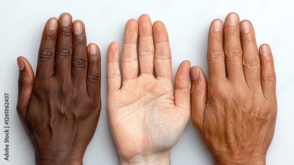 Poster group of diverse hands showing support and unity among different backgrounds and cultures