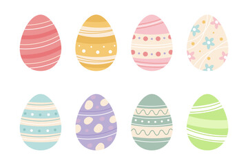 Easter egg collection with decorative patterns in pastel colors. Cute hand-drawn holiday illustration