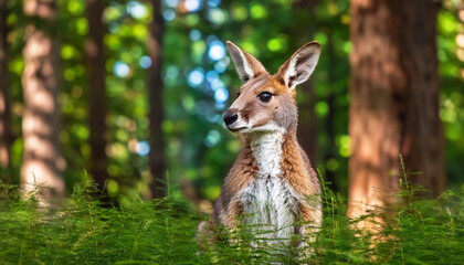 Create a layered image of a kangaroo peering curiously through the foliage in a whimsical forest.