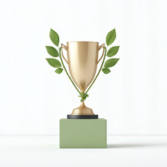 golden trophy with green leaves symbolizes excellence in sustainability. This award represents achievement and recognition in eco friendly practices