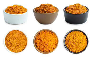 Turmeric powder in bowls isolated on white, set. Top and side view