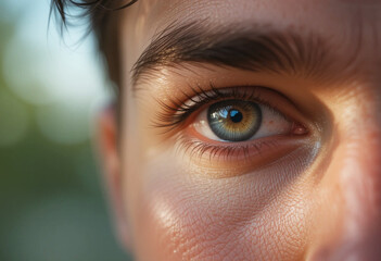 Close up of a young man eye highlighting clear vision and detailed eyelashes in natural light