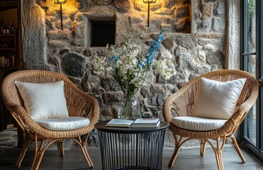 Wicker Armchairs and Rattan Chairs in Wabi-Sabi Interior Setting