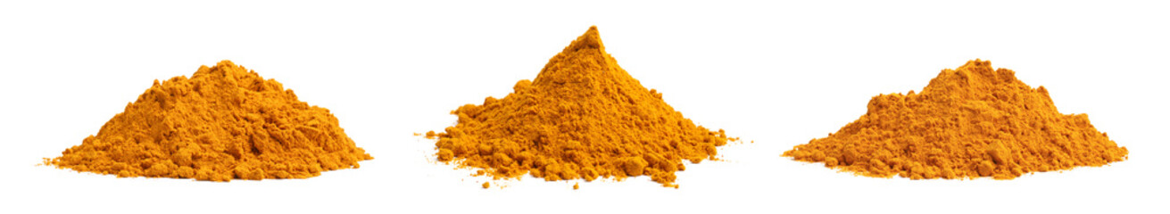 Aromatic turmeric powder isolated on white, set