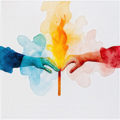 Colorful hands passing torch, symbolizing unity and collaboration, with vibrant hues of blue, orange, and yellow blending beautifully in watercolor style