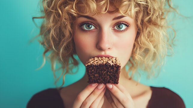 Young woman with curly blonde hair holding chocolate brownie close to her mouth about to take bite. Playful and tempting food moment for sweet indulgence themes