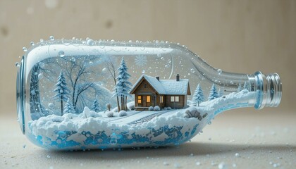 Surrealism exposition. Lost winter in a bottle: a tiny house amid a snowy forest. A magical miniature. Environmental problems.




