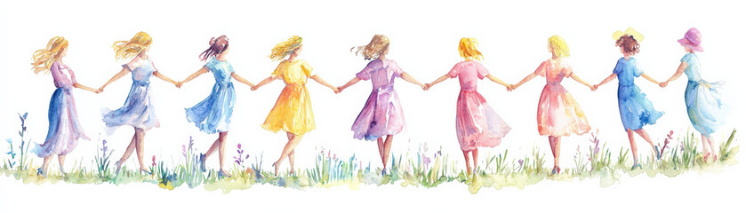 vibrant watercolor illustration of women linking arms, showcasing unity and friendship. colorful dresses and floral background evoke sense of joy and togetherness