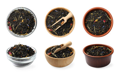 Dried tea leaves in bowls isolated on white, set. Top and side view