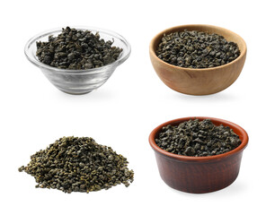 Dried tea leaves on white background, set