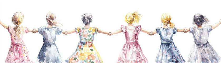 Watercolor painting of girls linking arms, showcasing friendship and unity. vibrant dresses in various colors create joyful and playful atmosphere