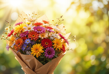 Colorful flower bouquet wrapped in kraft paper with sunlight background and space for text