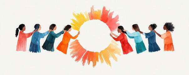 dreamy watercolor illustration of diverse women holding hands, forming circle of unity and support. vibrant colors evoke sense of community and togetherness