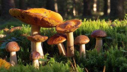 Illustrate a magical forest where mushrooms of various shapes and sizes glow under the soft light of a setting sun.