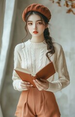 Elegant Asian woman in stylish outfit holding book outdoors in autumn setting