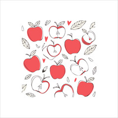 Botanic seamless pattern with red apple slices. Hand drawn fruit pattern on white background. Fruit repeated background. Vector bright print for fabric, wallpaper, design, party paper.