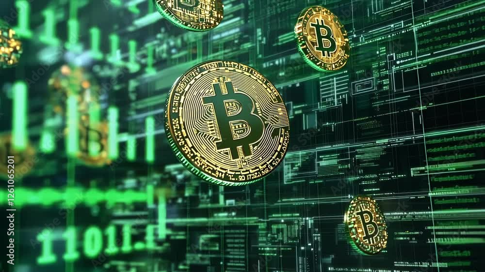 Aufkleber several golden bitcoin cryptocurrency coins are falling from a digital matrix code rain, representin