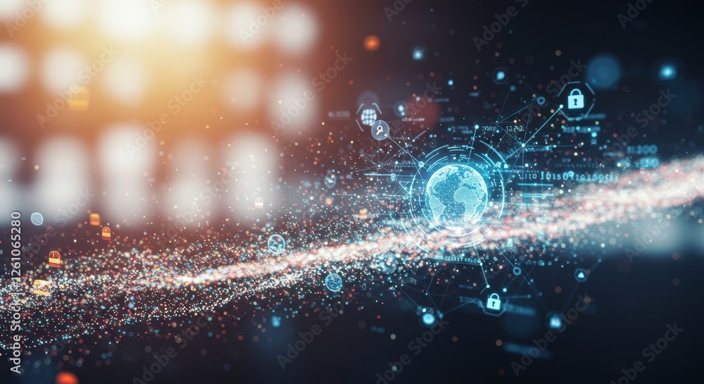 Poster digital network connectivity with earth at center surrounded by data and security icons