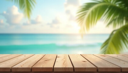 Fototapeta premium Wooden deck tabletop with blur tropical beach background for display or montage your products