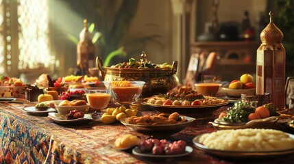 Exotic feast on an ornate table, creating a moment of convivial indulgence