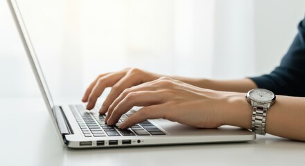 Close-up of hands typing on laptop in bright office environment