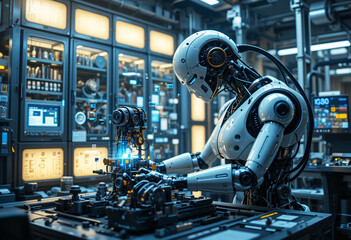 A robotic arm meticulously assembles intricate machinery in a modern lab, surrounded by glowing panels and advanced holographic technology.