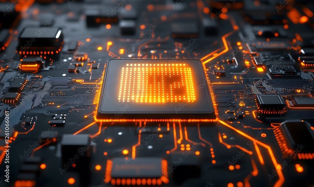 Aufkleber close-up of a circuit board with a glowing chip displaying the letters ai in a grid of orange dots