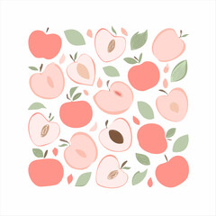 Botanic seamless pattern with pink peach slices. Hand drawn fruit pattern on white background. Fruit repeated background. Vector bright print for fabric, wallpaper, design, party paper.