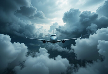 Airplane navigating turbulent storm clouds in challenging weather conditions over an unknown location