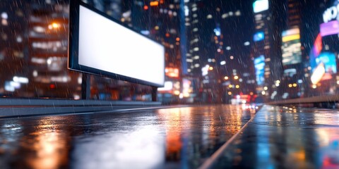 Rainy night city street, blank billboard, urban reflections, nightlife scene