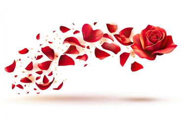 Red roses and rose petals on a white background, flat lay, top view, space for text. Stock photo, contest winner, commercial photography,