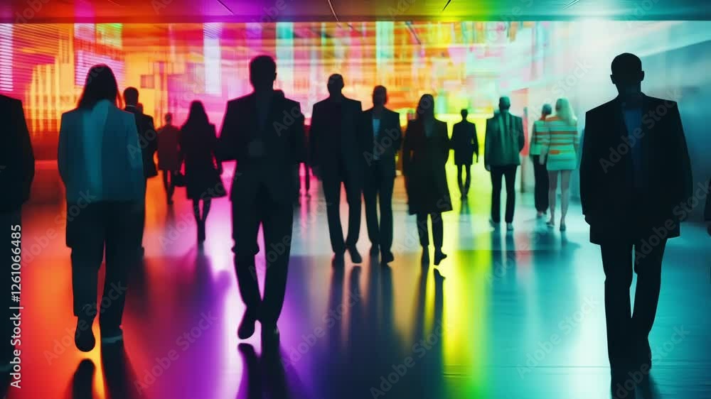 Poster business people are walking in a futuristic city corridor with colorful lights and digital informati