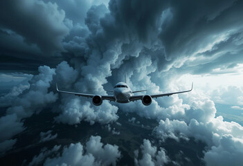 Airplane navigating turbulent storm clouds in challenging weather conditions over an unknown location