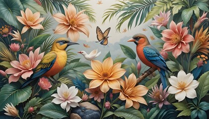 Fototapeta premium Birds flores painting design generative ai