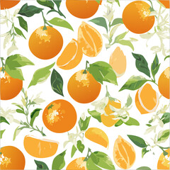 Botanic seamless pattern with yellow mandarin slices. Hand drawn tangerine pattern on white background. Fruit repeated background. Vector bright print for fabric, wallpaper, design, party paper.