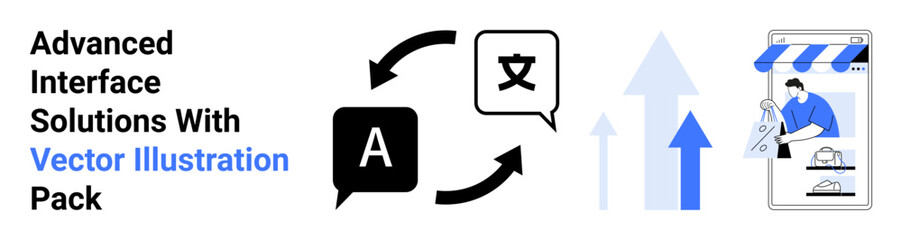 Language translation process with symbols, arrows showing progress, and e-commerce storefront interaction. Ideal for technology, e-commerce, communication, globalization, online tools, business apps
