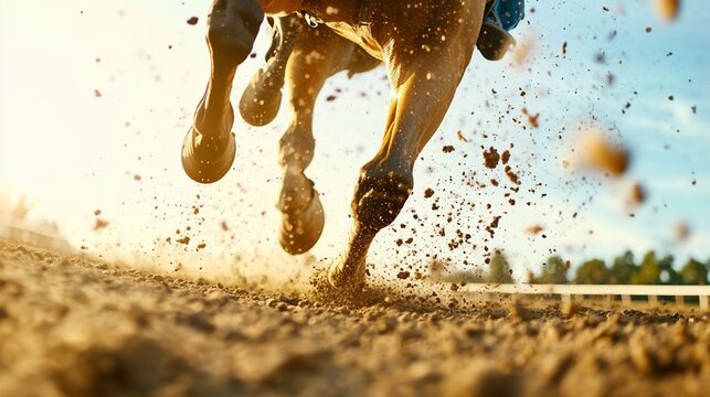 Horse racing, close-up legs, dirt track, sunlight, sports action - Powered by Adobe