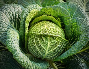 green savoy cabbage plant close up