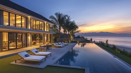 Fototapeta premium Luxurious Beachfront Villa with Infinity Pool at Sunset