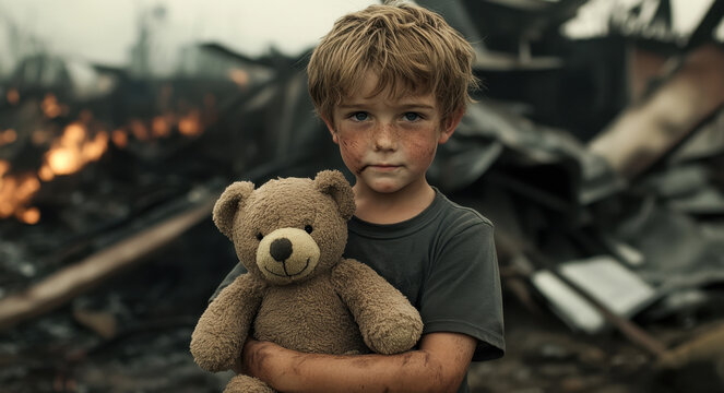 A somber boy clutching his teddy bear stands in front of charred ruins, reflecting sadness and vulnerability after a devastating event