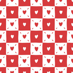 Seamless checkered pattern with heart vector print. Romantic background